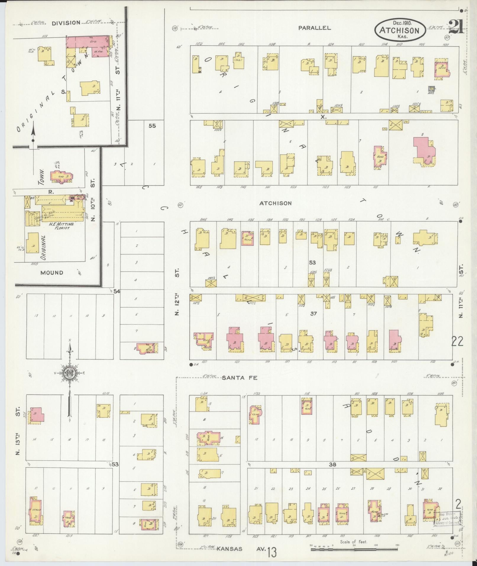 Sanborn Fire Insurance Map from Atchison, Atchison County, Kansas (1910), Sheet #0021 - Complete Map Set gallery image, historic Sanborn map, vintage wall art, Kansas Kansas