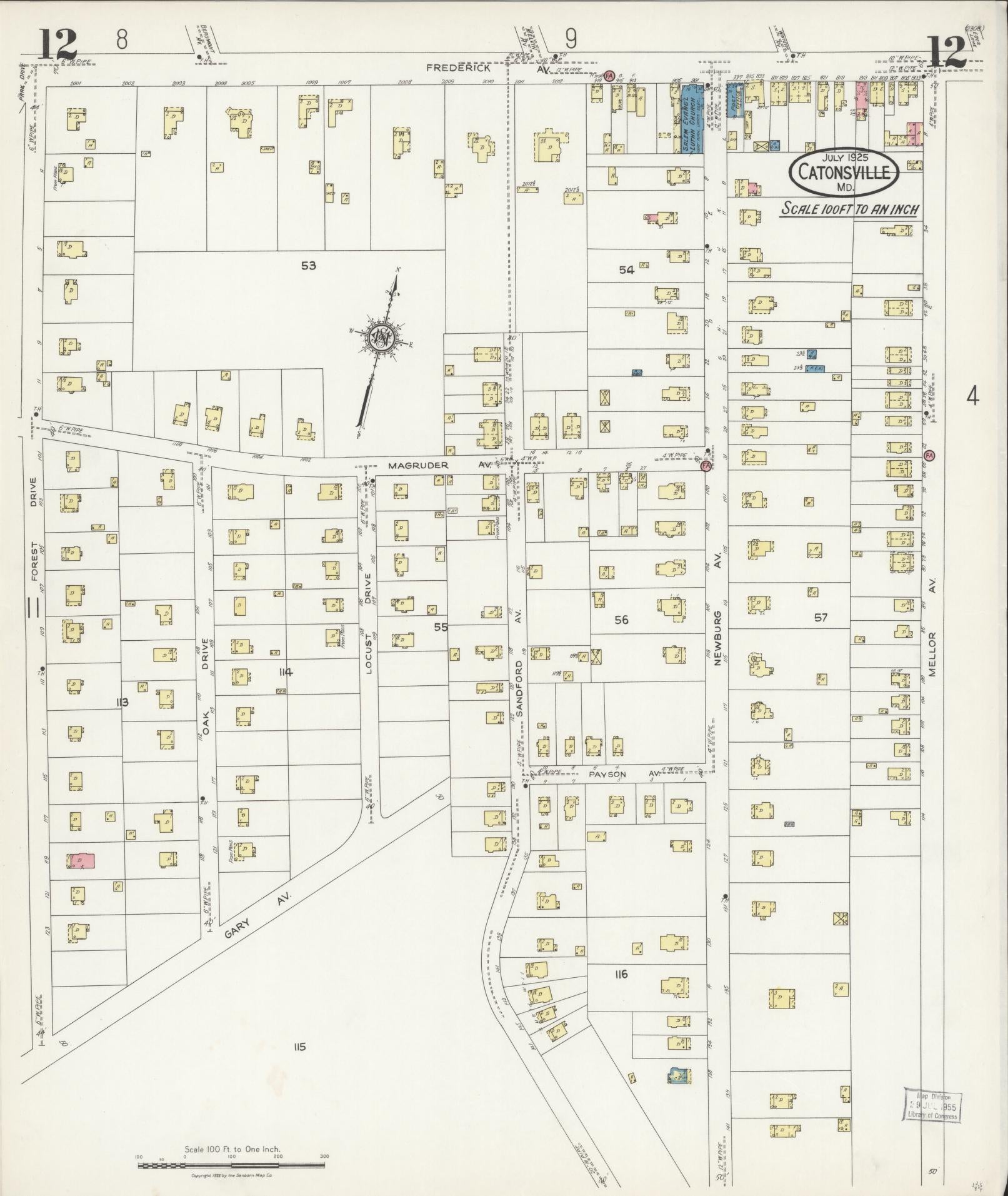 Sanborn Fire Insurance Map from Catonsville, Baltimore County, Maryland (1925), Sheet #0012 - Historic Sanborn Fire Insurance Map Print, vintage old map wall art, antique decor, genealogy gift, Maryland Maryland map