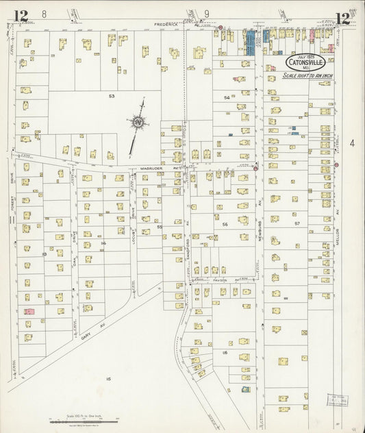 Sanborn Fire Insurance Map from Catonsville, Baltimore County, Maryland (1925), Sheet #0012 - Historic Sanborn Fire Insurance Map Print, vintage old map wall art, antique decor, genealogy gift, Maryland Maryland map
