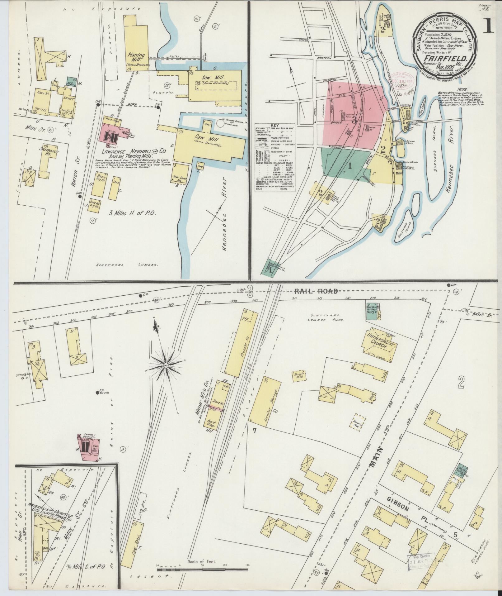 Sanborn Fire Insurance Map from Fairfield, Somerset County, Maine (1895), Sheet #0001 - Complete Map Set gallery image, historic Sanborn map, vintage wall art, Maine Maine