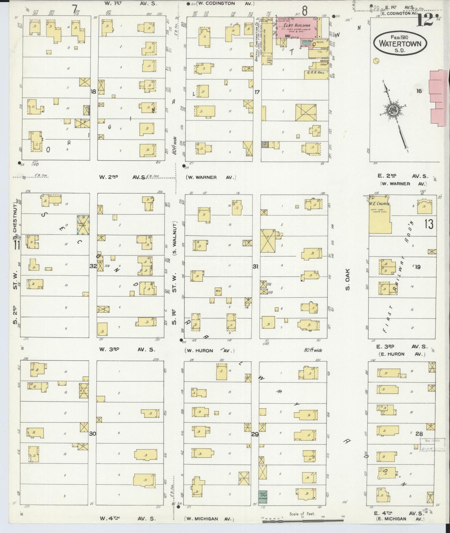 Sanborn Fire Insurance Map from Watertown, Codington County, South Dakota (1910), Sheet #0012 - Complete Map Set gallery image, historic Sanborn map, vintage wall art, South Dakota South Dakota