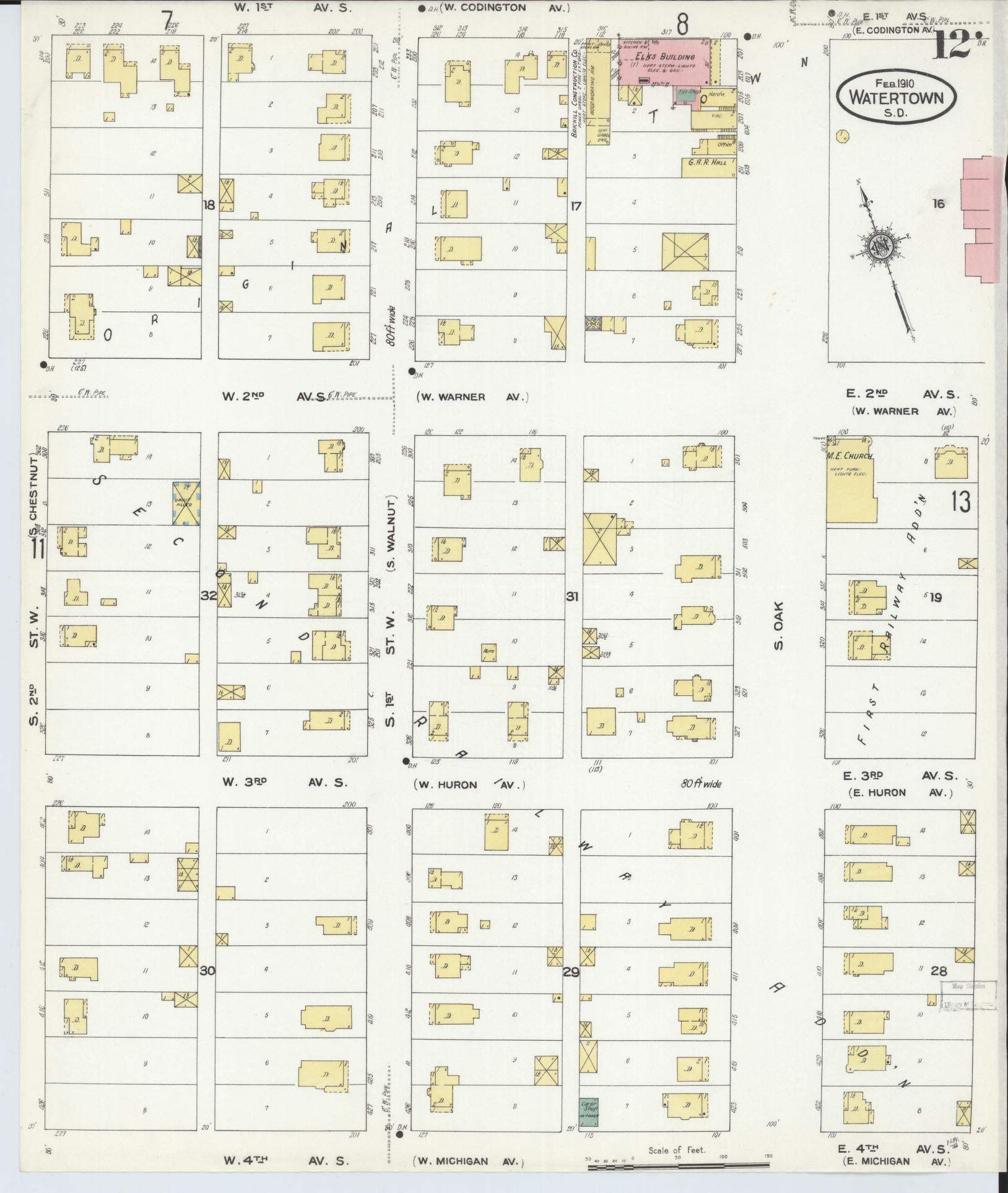 Sanborn Fire Insurance Map from Watertown, Codington County, South Dakota (1910), Sheet #0012 - Complete Map Set gallery image, historic Sanborn map, vintage wall art, South Dakota South Dakota