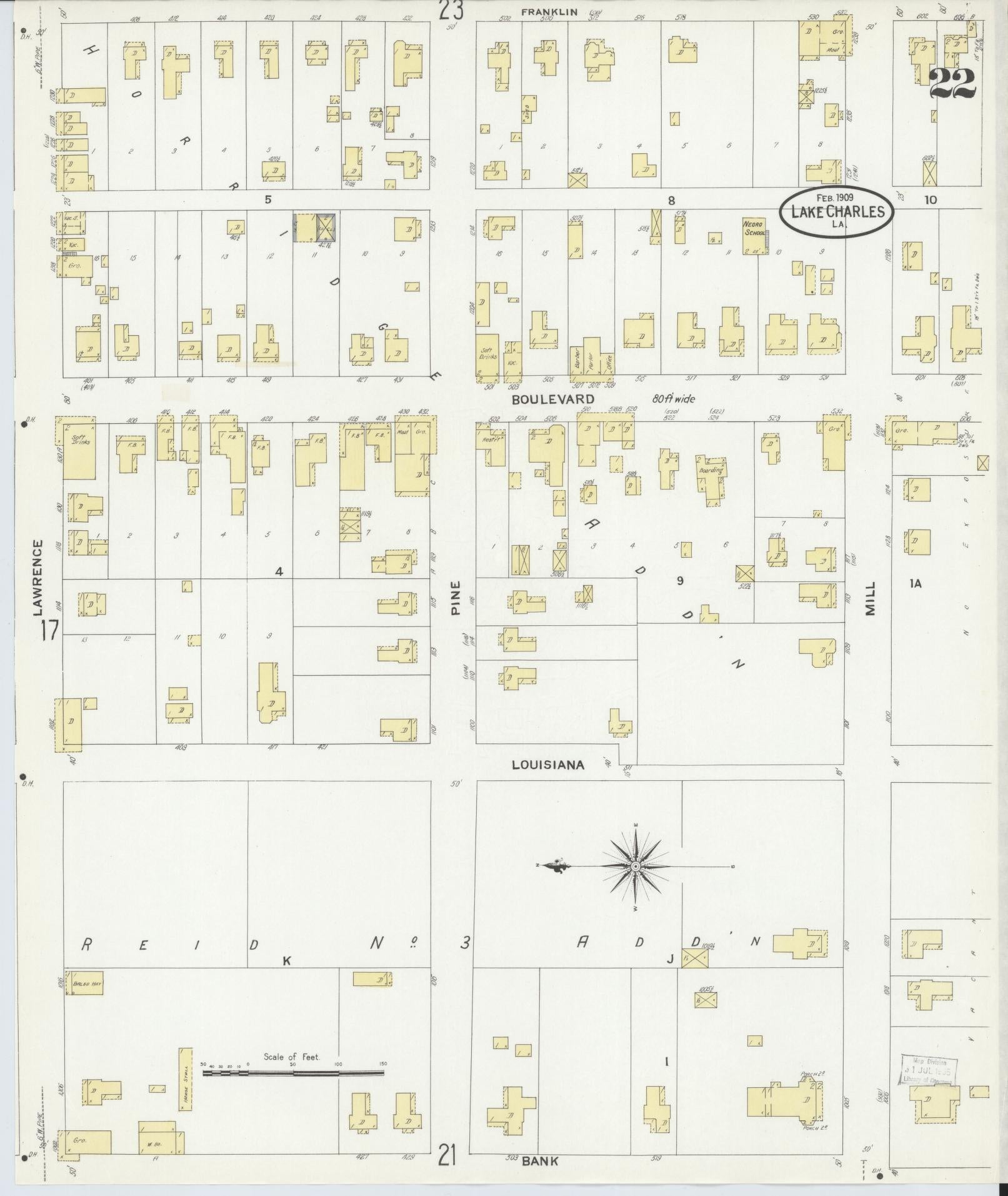 Sanborn Fire Insurance Map from Lake Charles, Calcasieu Parish, Louisiana (1909), Sheet #0022 - Complete Map Set gallery image, historic Sanborn map, vintage wall art, Louisiana Louisiana