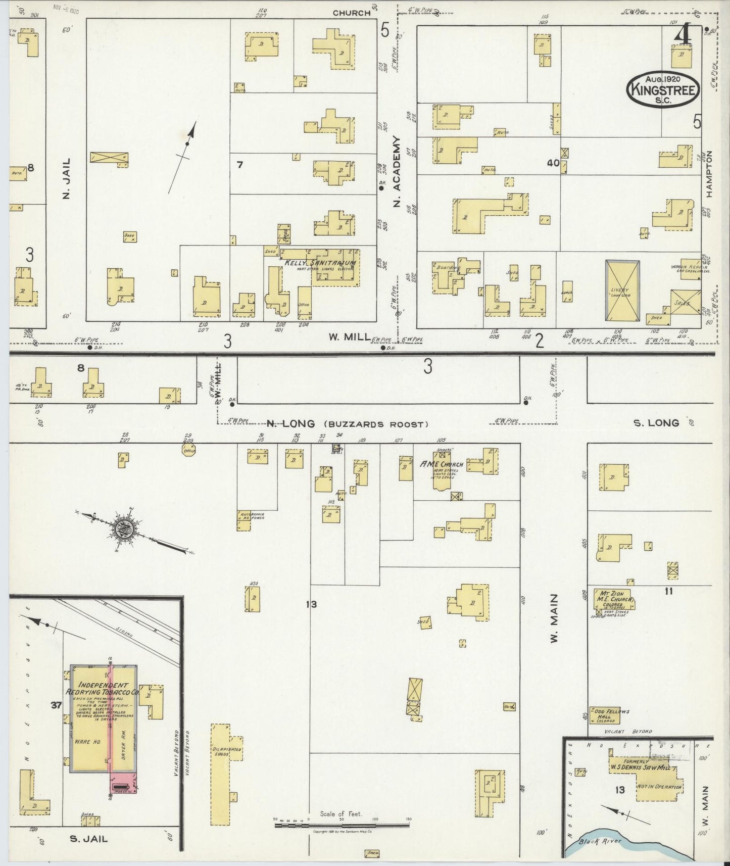 Sanborn Fire Insurance Map from Kingstree, Williamsburg County, South Carolina (1920), Sheet #0004 - Complete Map Set gallery image, historic Sanborn map, vintage wall art, South Carolina South Carolina