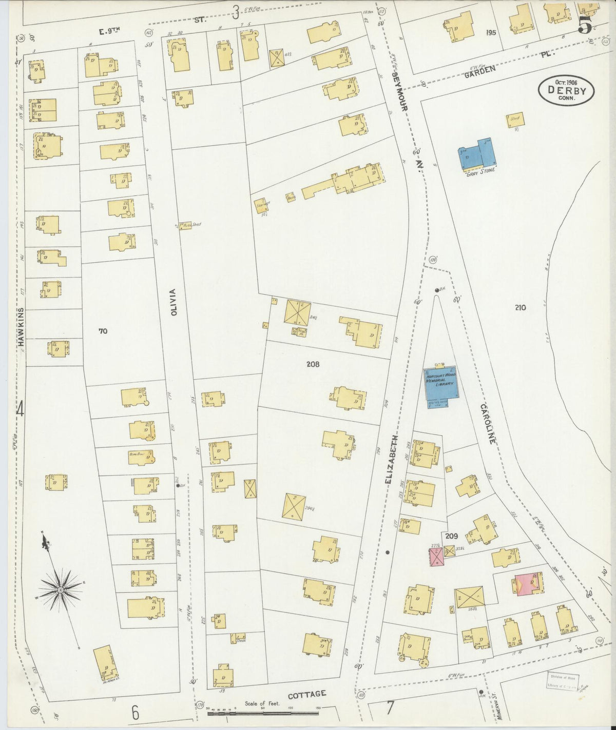 Sanborn Fire Insurance Map from Derby, New Haven County, Connecticut (1906), Sheet #0005 - Historic Sanborn Fire Insurance Map Print, vintage old map wall art, antique decor, genealogy gift, Connecticut Connecticut map