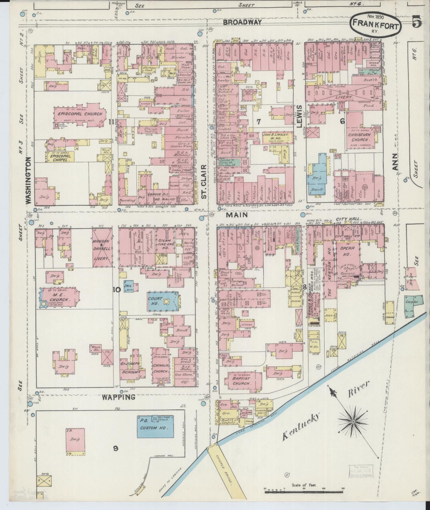 Sanborn Fire Insurance Map from Frankfort, Franklin County, Kentucky (1890), Sheet #0005 - Historic Sanborn Fire Insurance Map Print, vintage old map wall art, antique decor, genealogy gift, Kentucky Kentucky map