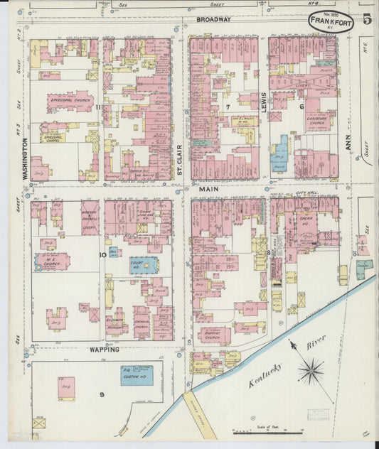Sanborn Fire Insurance Map from Frankfort, Franklin County, Kentucky (1890), Sheet #0005 - Historic Sanborn Fire Insurance Map Print, vintage old map wall art, antique decor, genealogy gift, Kentucky Kentucky map