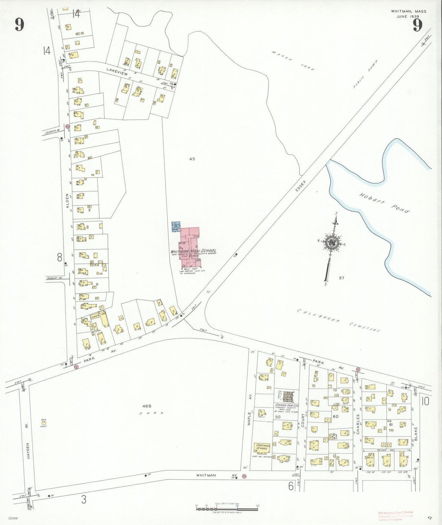 Sanborn Fire Insurance Map from Whitman, Plymouth County, Massachusetts (1939), Sheet #0009 - Historic Sanborn Fire Insurance Map Print, vintage old map wall art, antique decor, genealogy gift, Massachusetts Massachusetts map