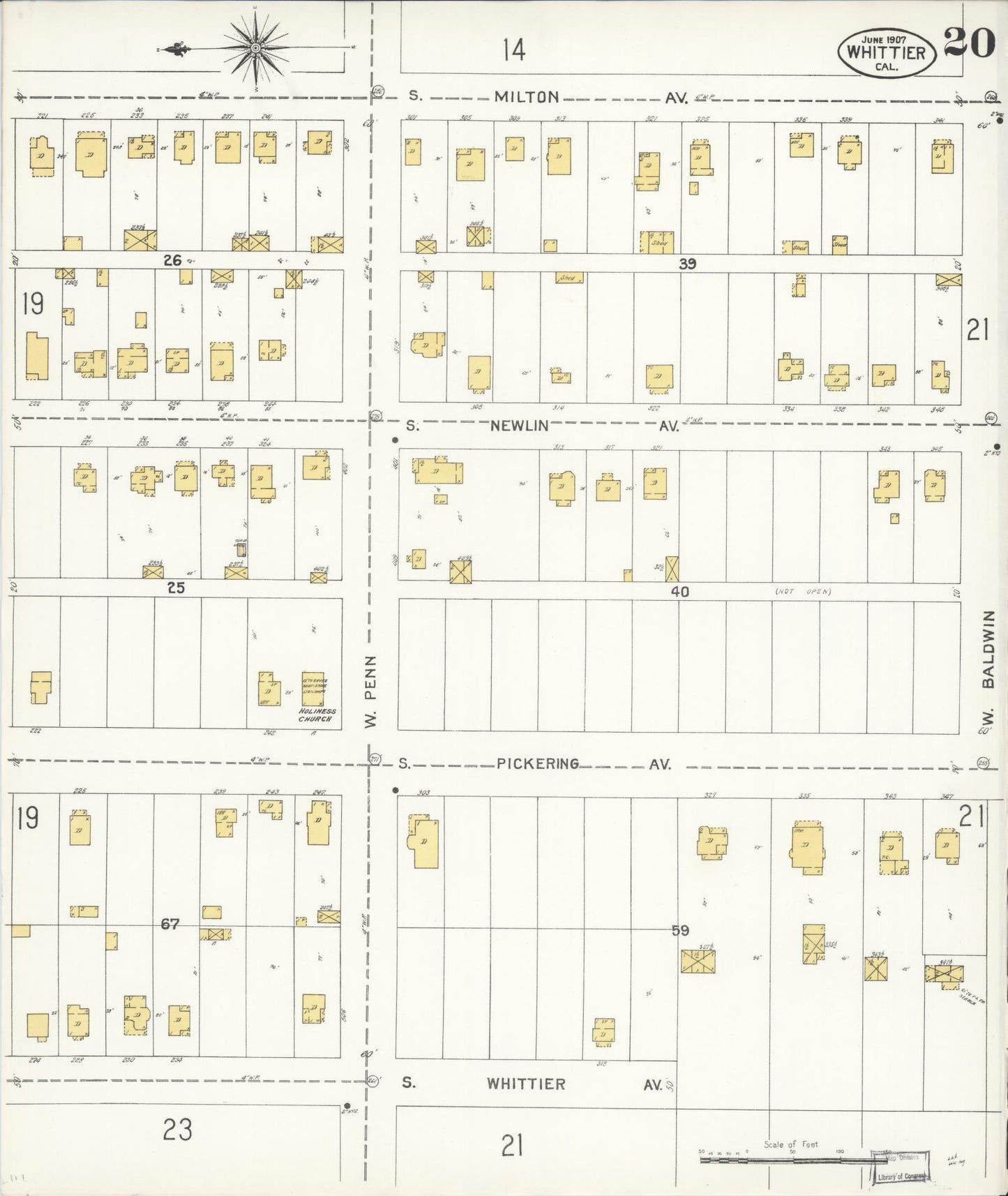 Sanborn Fire Insurance Map from Whittier, Los Angeles County, California (1907), Sheet #0020 - Complete Map Set gallery image, historic Sanborn map, vintage wall art, California California