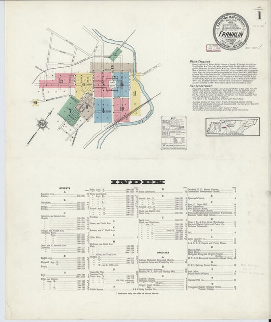 Sanborn Fire Insurance Map from Franklin, Williamson County, Tennessee (1913), Sheet #0001 - Complete Map Set gallery image, historic Sanborn map, vintage wall art, Tennessee Tennessee