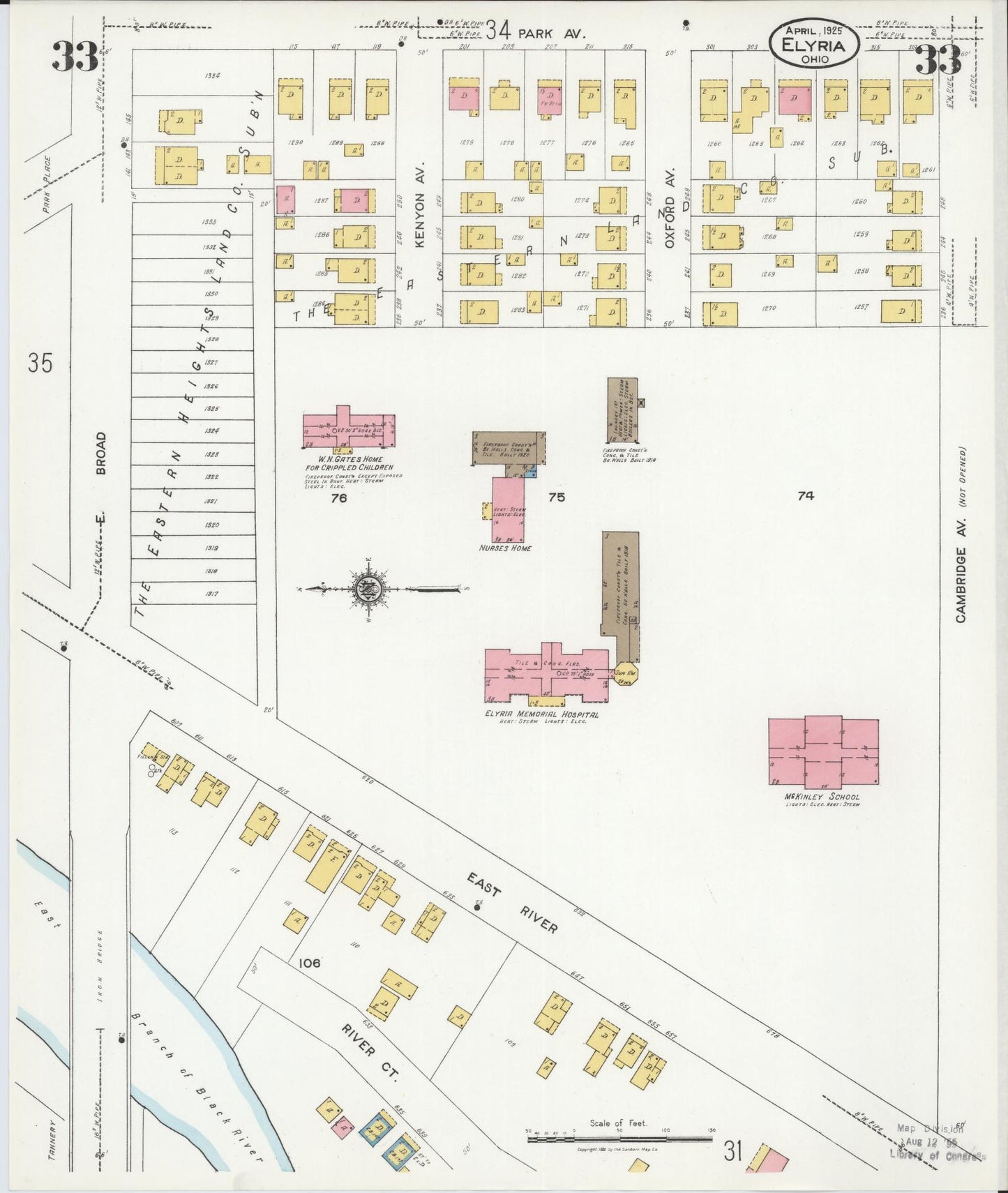 Sanborn Fire Insurance Map from Elyria, Lorain County, Ohio (1925), Sheet #0033 - Historic Sanborn Fire Insurance Map Print, vintage old map wall art, antique decor, genealogy gift, Ohio Ohio map