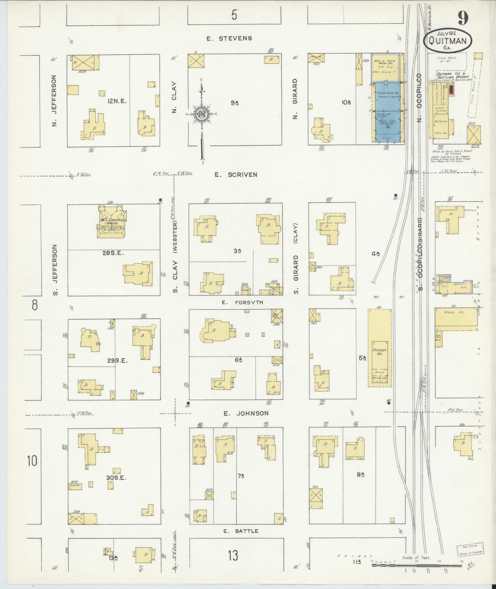 Sanborn Fire Insurance Map from Quitman, Brooks County, Georgia (1912), Sheet #0009 - Historic Sanborn Fire Insurance Map Print, vintage old map wall art, antique decor, genealogy gift, Georgia Georgia map