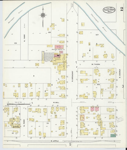 Sanborn Fire Insurance Map from Hastings, Barry County, Michigan (1909), Sheet #0002 - Historic Sanborn Fire Insurance Map Print, vintage old map wall art, antique decor, genealogy gift, Michigan Michigan map