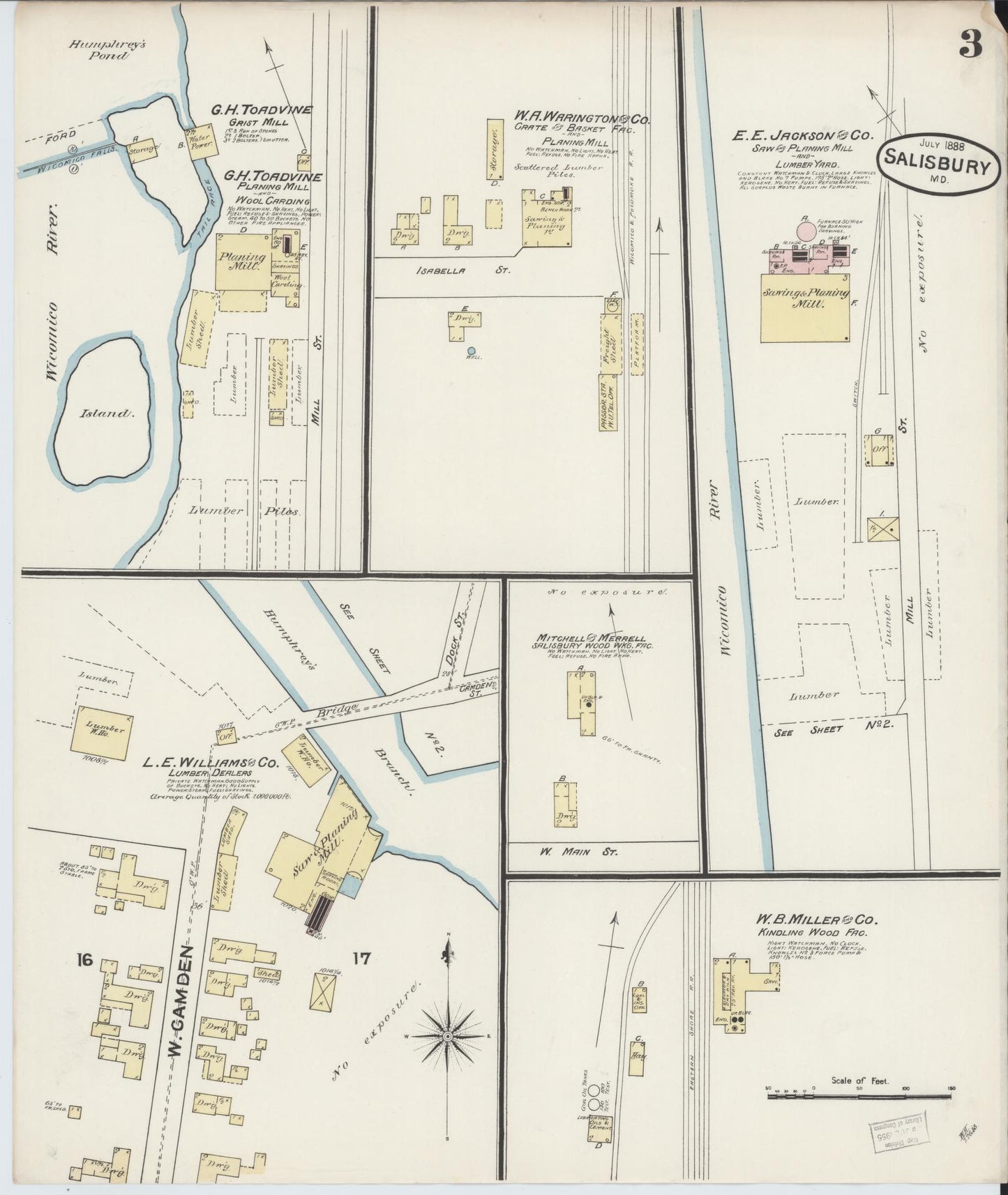 Sanborn Fire Insurance Map from Salisbury, Wicomico County, Maryland (1888), Sheet #0003 - Historic Sanborn Fire Insurance Map Print, vintage old map wall art