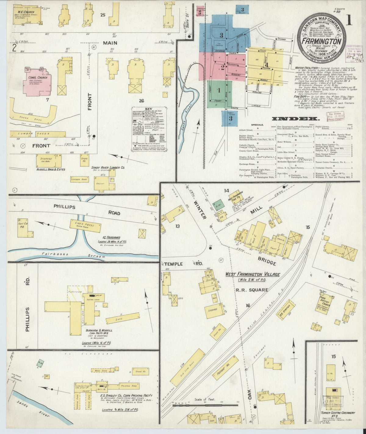 Sanborn Fire Insurance Map from Farmington, Franklin County, Maine (1908), Sheet #0001 - Historic Sanborn Fire Insurance Map Print, vintage old map wall art, antique decor, genealogy gift, Maine Maine map