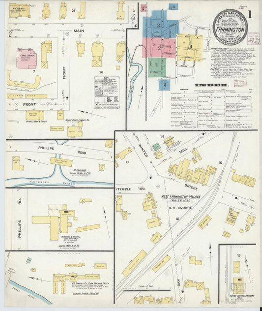 Sanborn Fire Insurance Map from Farmington, Franklin County, Maine (1908), Sheet #0001 - Historic Sanborn Fire Insurance Map Print, vintage old map wall art, antique decor, genealogy gift, Maine Maine map