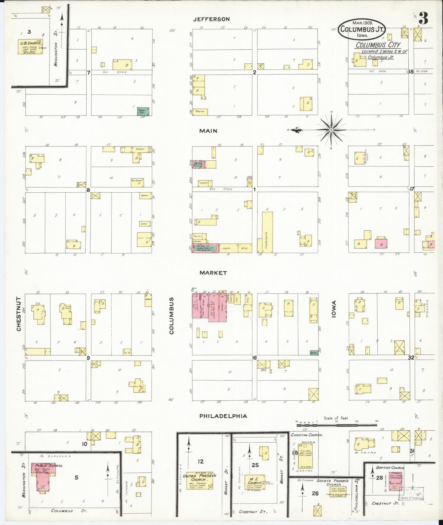 Sanborn Fire Insurance Map from Columbus Junction, Louisa County, Iowa (1909), Sheet #0003 - Historic Sanborn Fire Insurance Map Print, vintage old map wall art