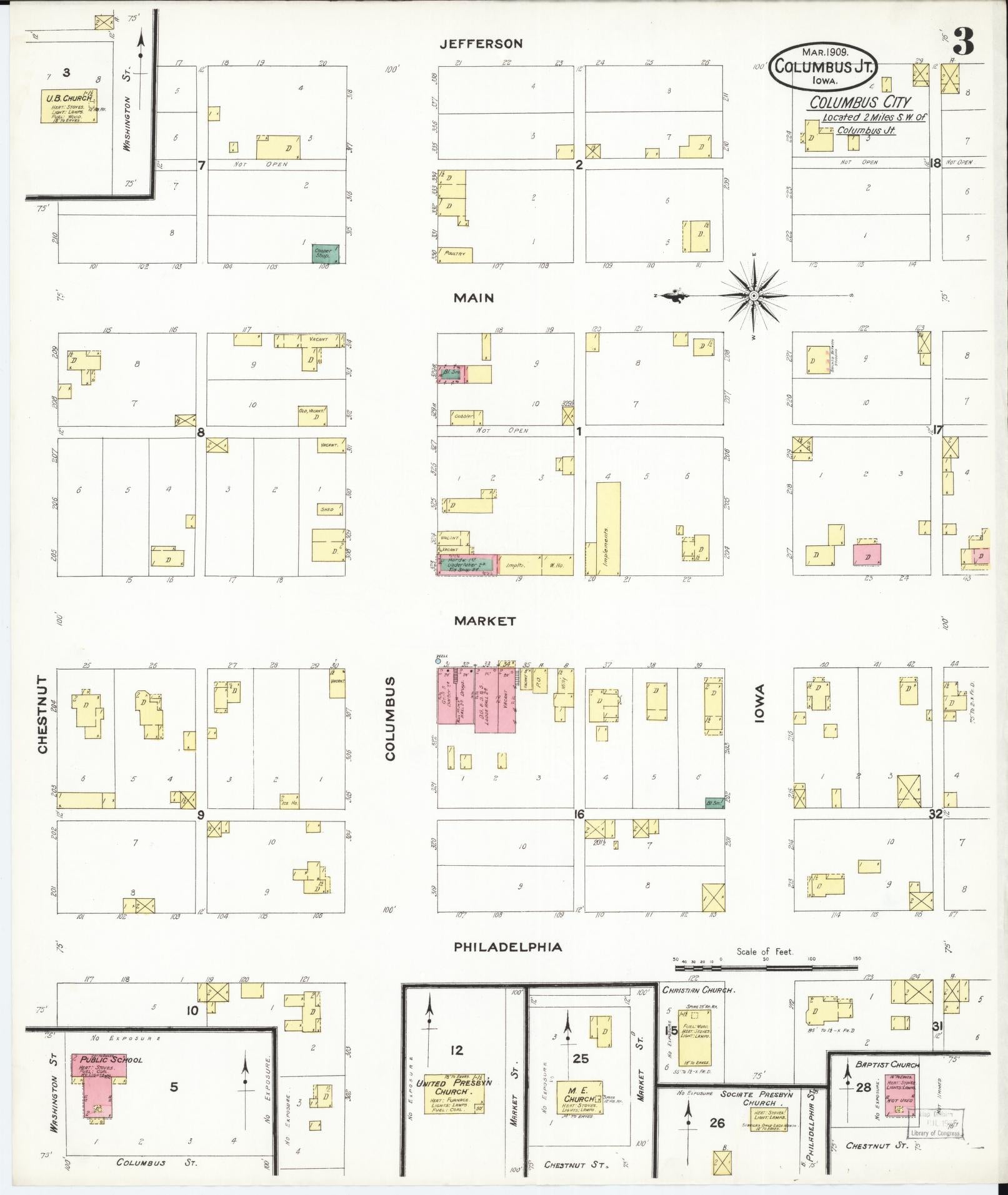 Sanborn Fire Insurance Map from Columbus Junction, Louisa County, Iowa (1909), Sheet #0003 - Historic Sanborn Fire Insurance Map Print, vintage old map wall art