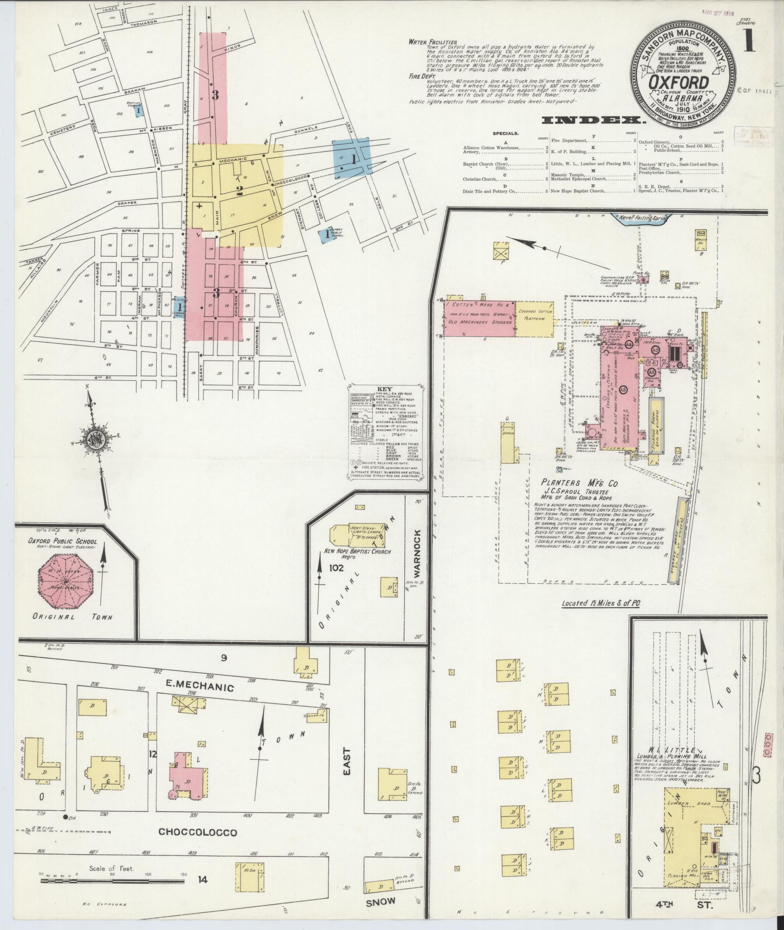 Sanborn Fire Insurance Map from Oxford, Calhoun County, Alabama (1910), Sheet #0001 - Historic Sanborn Fire Insurance Map Print, vintage old map wall art, antique decor, genealogy gift, Alabama Alabama map