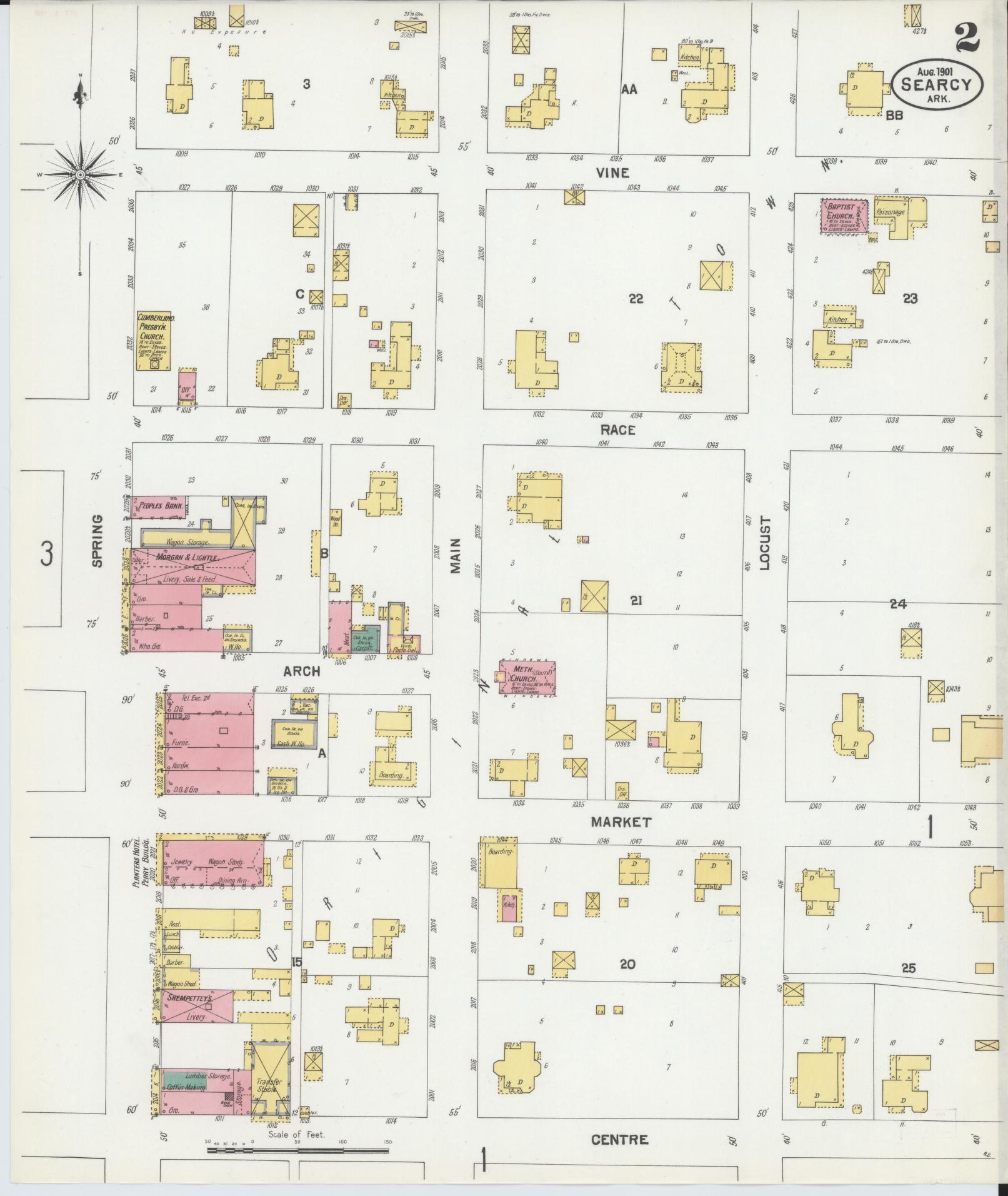 Sanborn Fire Insurance Map from Searcy, White County, Arkansas (1901), Sheet #0002 - Historic Sanborn Fire Insurance Map Print, vintage old map wall art, antique decor, genealogy gift, Arkansas Arkansas map