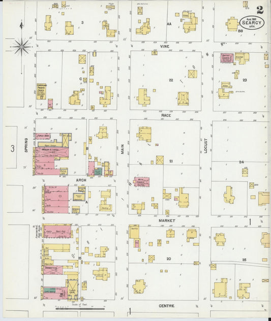 Sanborn Fire Insurance Map from Searcy, White County, Arkansas (1901), Sheet #0002 - Historic Sanborn Fire Insurance Map Print, vintage old map wall art, antique decor, genealogy gift, Arkansas Arkansas map
