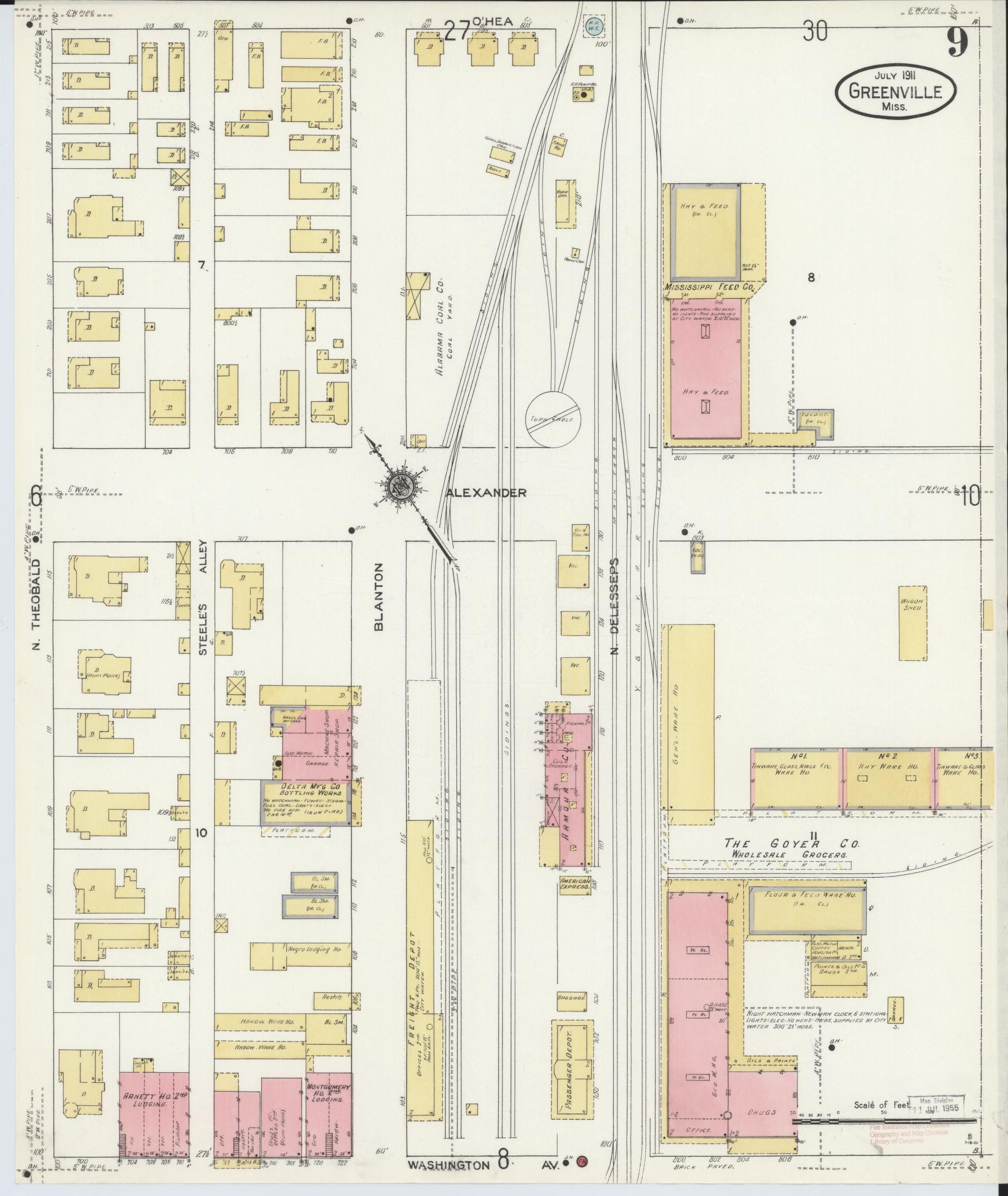 Sanborn Fire Insurance Map from Greenville, Washington County, Mississippi (1911), Sheet #0009 - Complete Map Set gallery image, historic Sanborn map, vintage wall art, Mississippi Mississippi