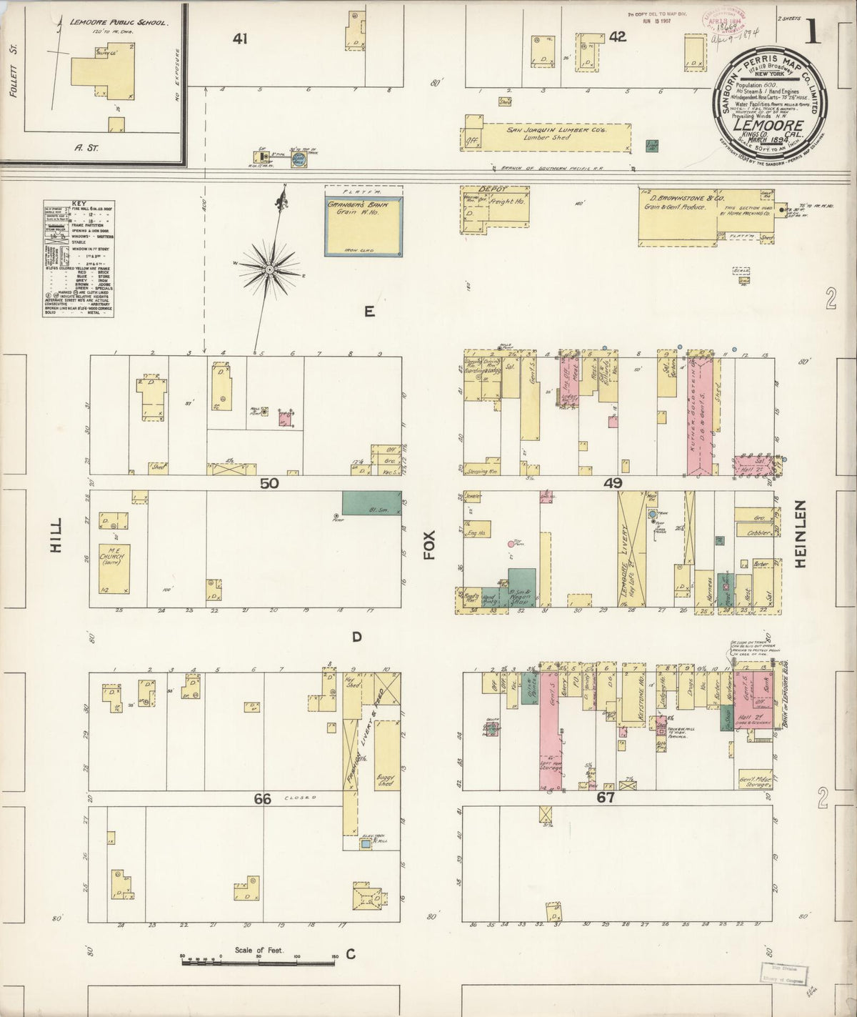Sanborn Fire Insurance Map from Lemoore, Kings County, California (1894), Sheet #0001 - Complete Map Set gallery image, historic Sanborn map, vintage wall art, California California