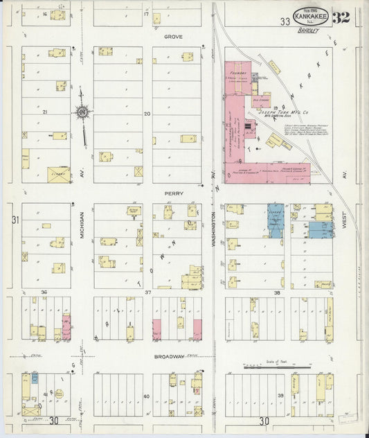 Sanborn Fire Insurance Map from Kankakee, Kankakee County, Illinois (1914), Sheet #0032 - Historic Sanborn Fire Insurance Map Print, vintage old map wall art, antique decor, genealogy gift, Illinois Illinois map