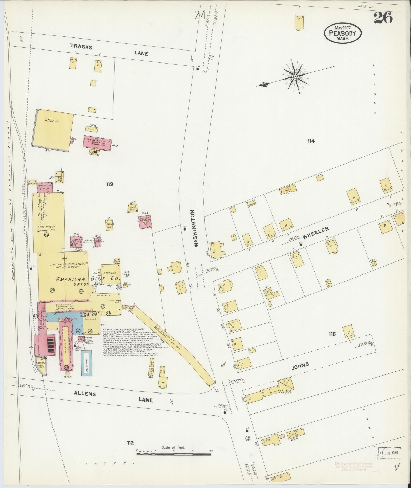 Sanborn Fire Insurance Map from Peabody, Essex County, Massachusetts (1907), Sheet #0026 - Historic Sanborn Fire Insurance Map Print, vintage old map wall art, antique decor, genealogy gift, Massachusetts Massachusetts map