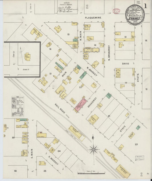 Sanborn Fire Insurance Map from Jennings, Jefferson Davis Parish, Louisiana (1895), Sheet #0001 - Complete Map Set gallery image, historic Sanborn map, vintage wall art, Louisiana Louisiana