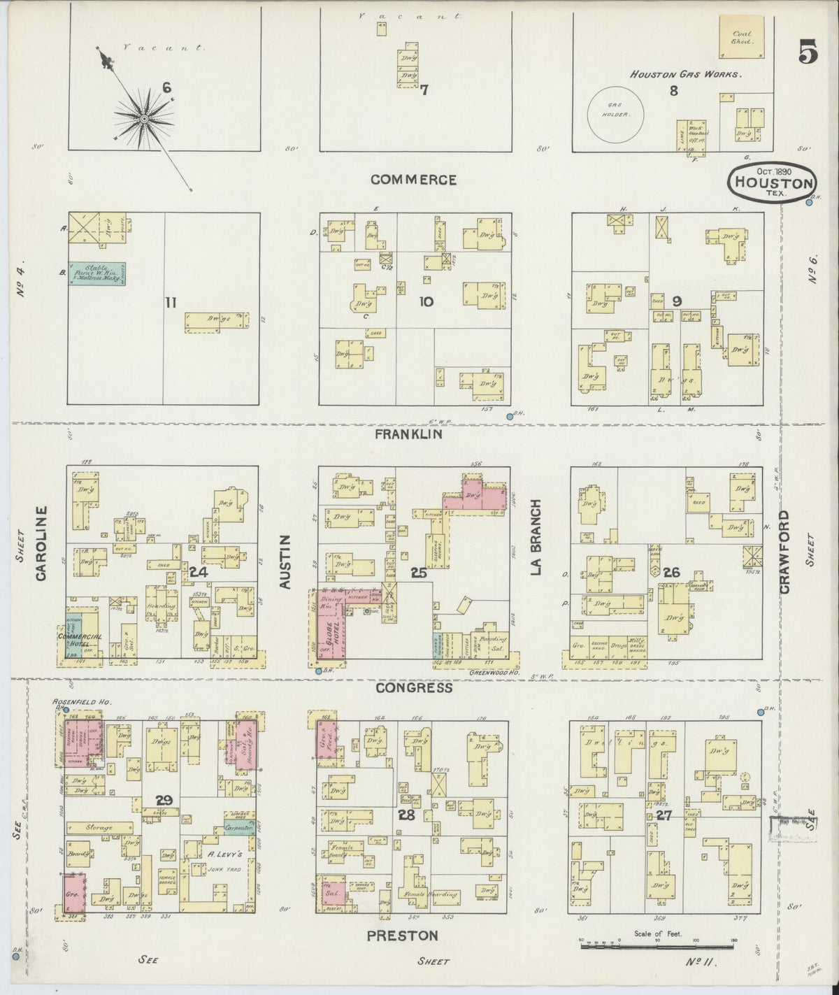 Sanborn Fire Insurance Map from Houston, Harris County, Texas (1890), Sheet #0005 - Complete Map Set gallery image, historic Sanborn map, vintage wall art, Texas Texas