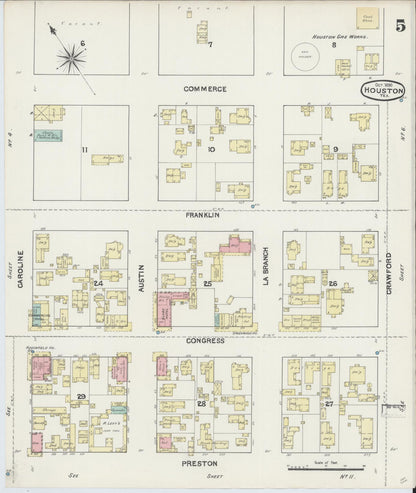 Sanborn Fire Insurance Map from Houston, Harris County, Texas (1890), Sheet #0005 - Complete Map Set gallery image, historic Sanborn map, vintage wall art, Texas Texas