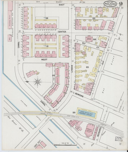 Sanborn Fire Insurance Map from Holyoke, Hampden County, Massachusetts (1889), Sheet #0009 - Historic Sanborn Fire Insurance Map Print, vintage old map wall art, antique decor, genealogy gift, Massachusetts Massachusetts map