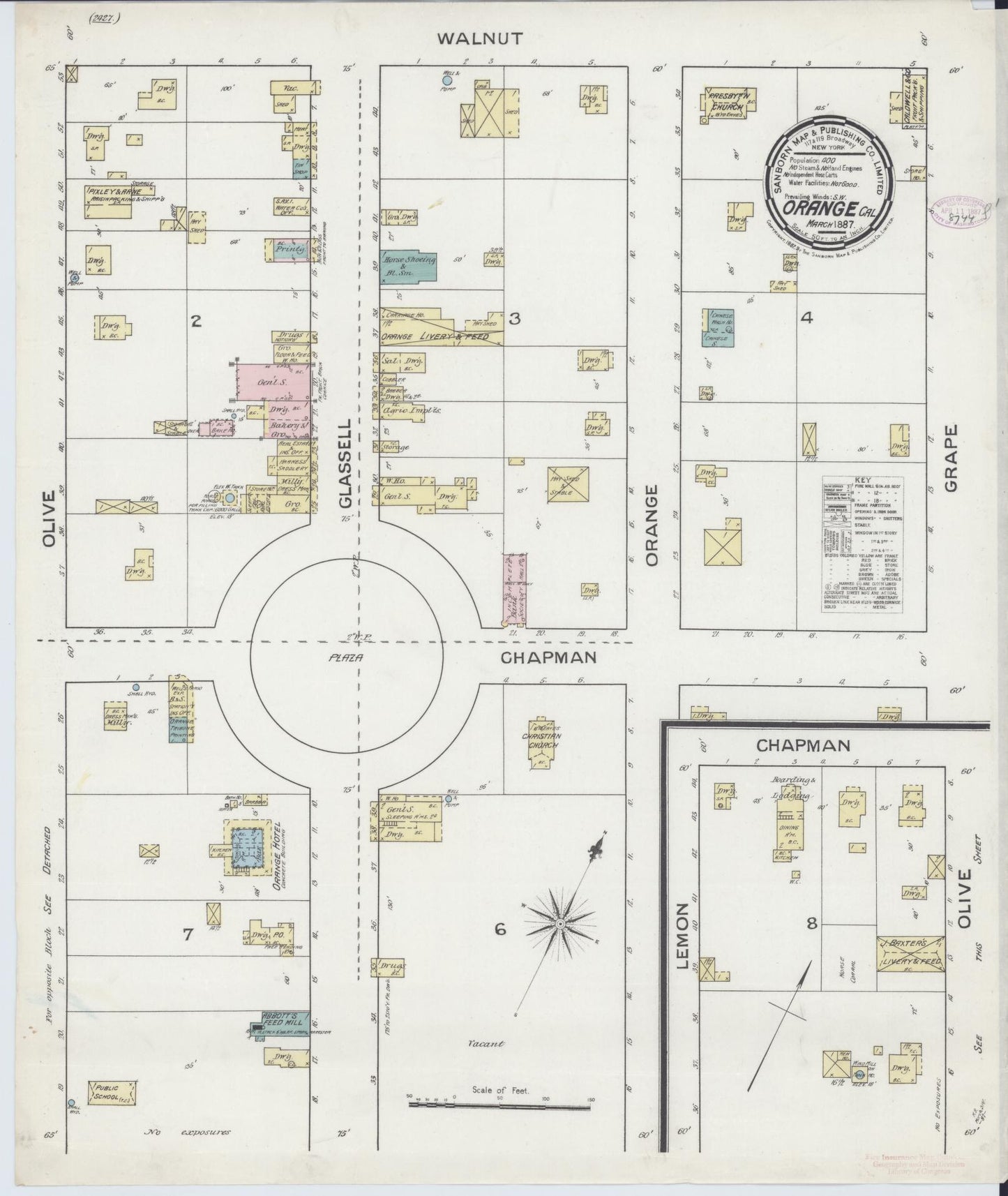 Sanborn Fire Insurance Map from Orange, Orange County, California (1887), Sheet #0001 - Historic Sanborn Fire Insurance Map Print, vintage old map wall art, antique decor, genealogy gift, California California map