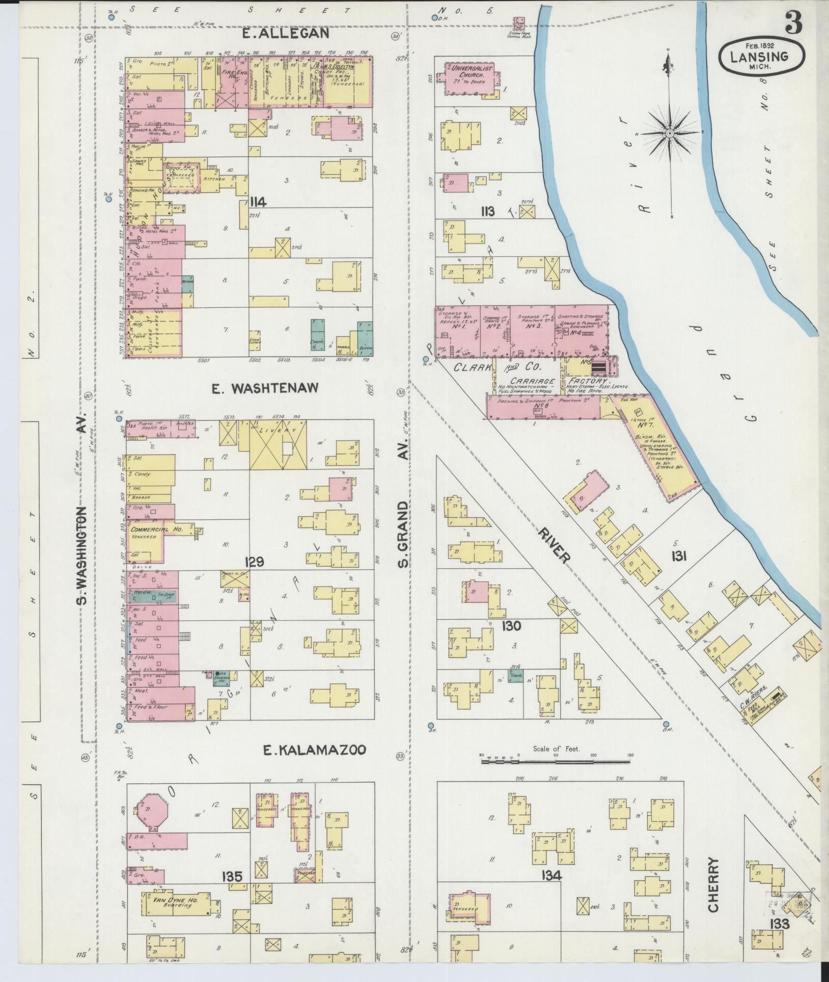 Sanborn Fire Insurance Map from Lansing, Ingham County, Michigan (1892), Sheet #0003 - Complete Map Set gallery image, historic Sanborn map, vintage wall art, Michigan Michigan