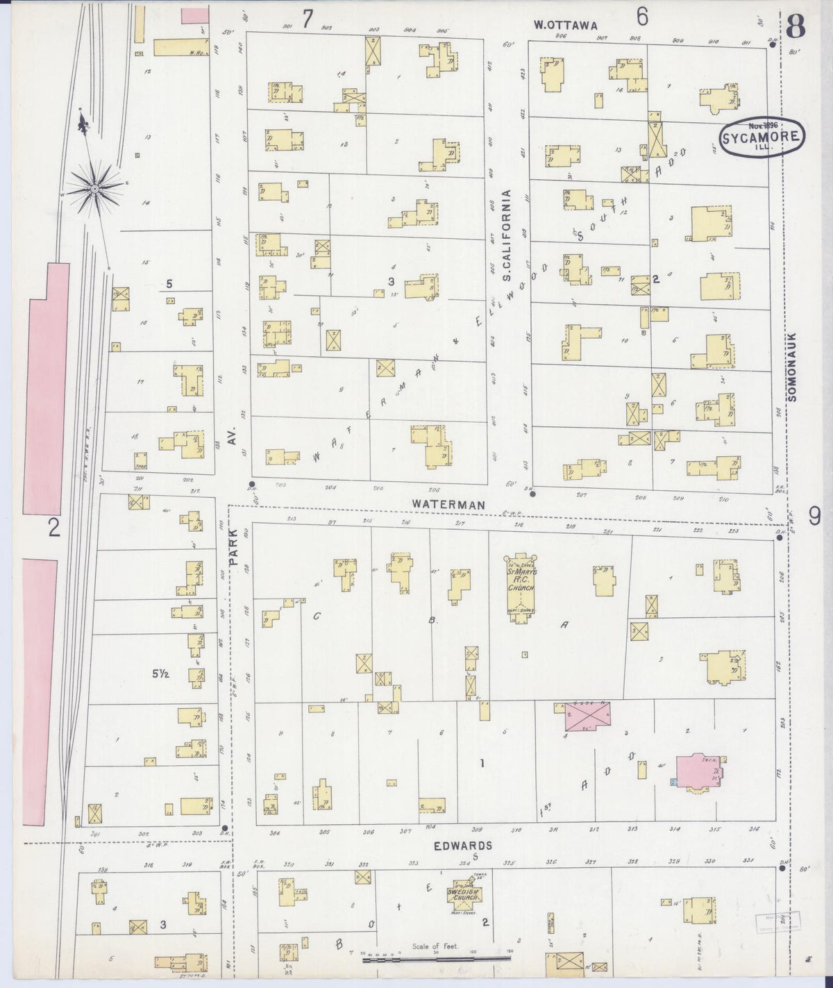 Sanborn Fire Insurance Map from Sycamore, De Kalb County, Illinois (1896), Sheet #0008 - Historic Sanborn Fire Insurance Map Print, vintage old map wall art, antique decor, genealogy gift, Illinois Illinois map