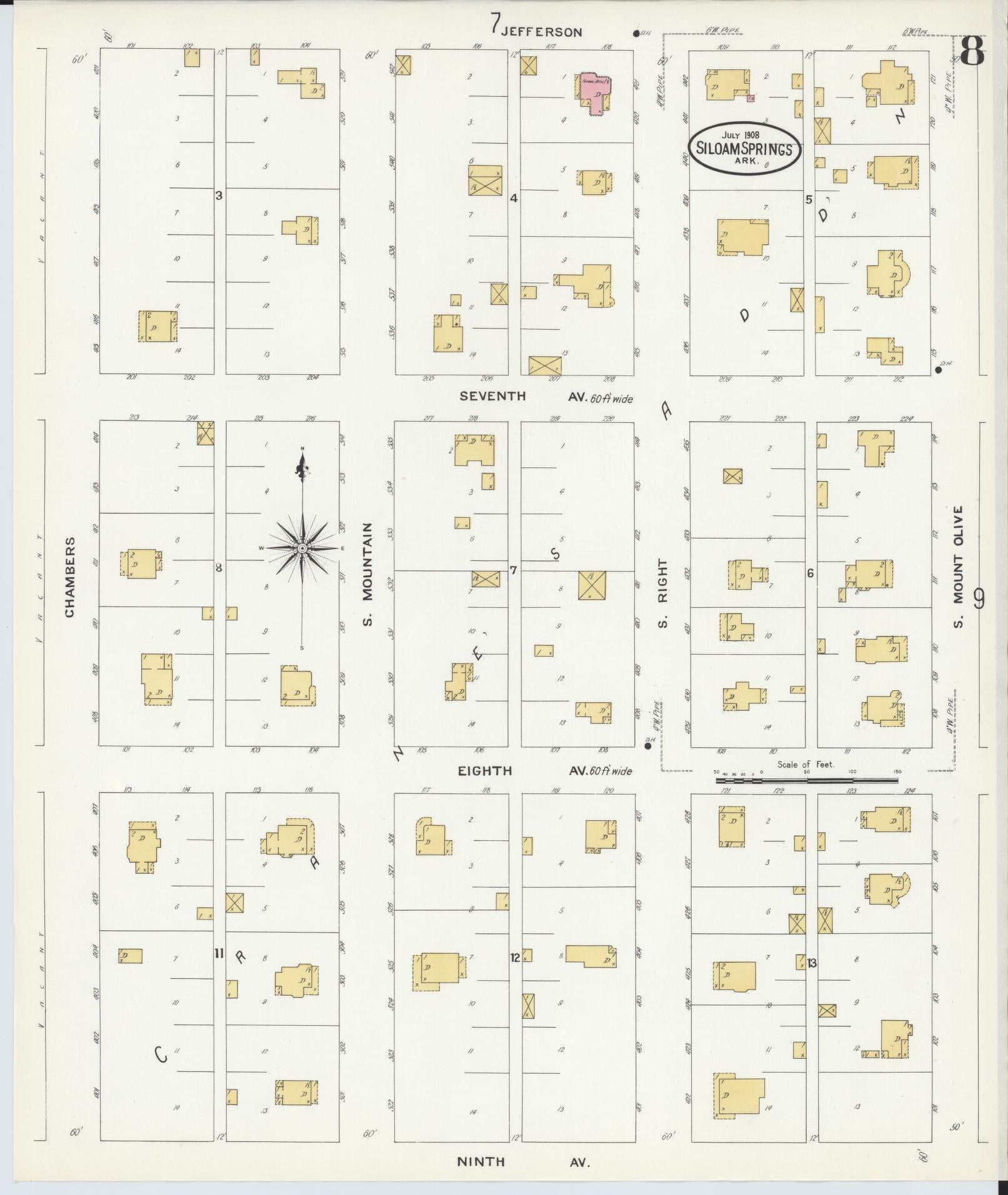 Sanborn Fire Insurance Map from Siloam Springs, Benton County, Arkansas (1908), Sheet #0008 - Complete Map Set gallery image, historic Sanborn map, vintage wall art, Arkansas Arkansas