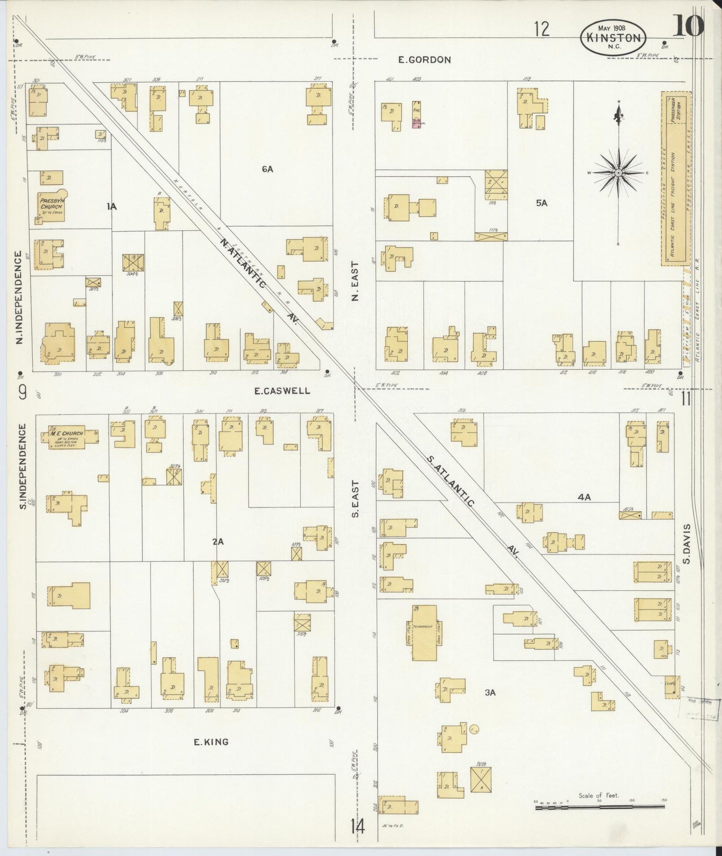 Sanborn Fire Insurance Map from Kinston, Lenoir County, North Carolina (1908), Sheet #0010 - Complete Map Set gallery image, historic Sanborn map, vintage wall art, North Carolina North Carolina