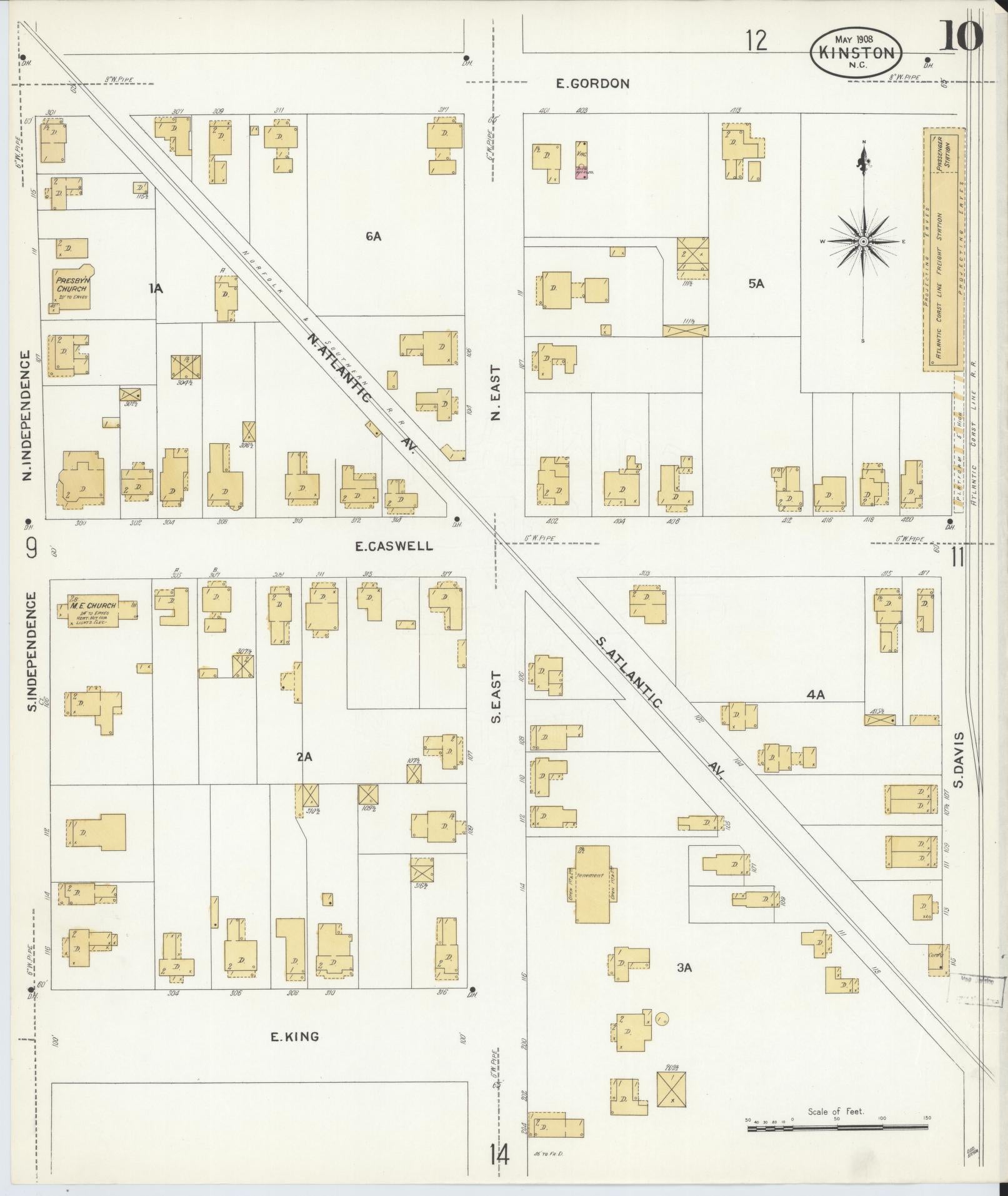 Sanborn Fire Insurance Map from Kinston, Lenoir County, North Carolina (1908), Sheet #0010 - Complete Map Set gallery image, historic Sanborn map, vintage wall art, North Carolina North Carolina