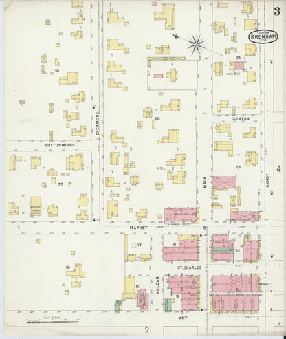 Sanborn Fire Insurance Map from Brenham, Washington County, Texas (1896), Sheet #0003 - Historic Sanborn Fire Insurance Map Print, vintage old map wall art, antique decor, genealogy gift, Texas Texas map