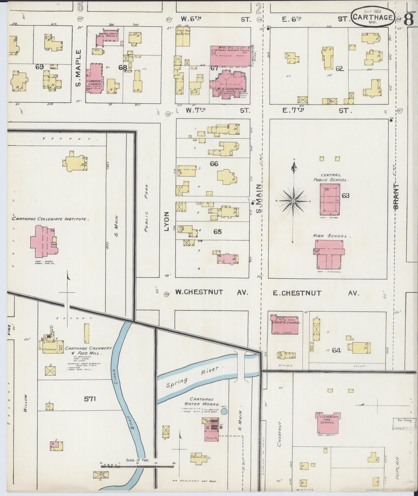 Sanborn Fire Insurance Map from Carthage, Jasper County, Missouri (1893), Sheet #0008 - Historic Sanborn Fire Insurance Map Print, vintage old map wall art, antique decor, genealogy gift, Missouri Missouri map