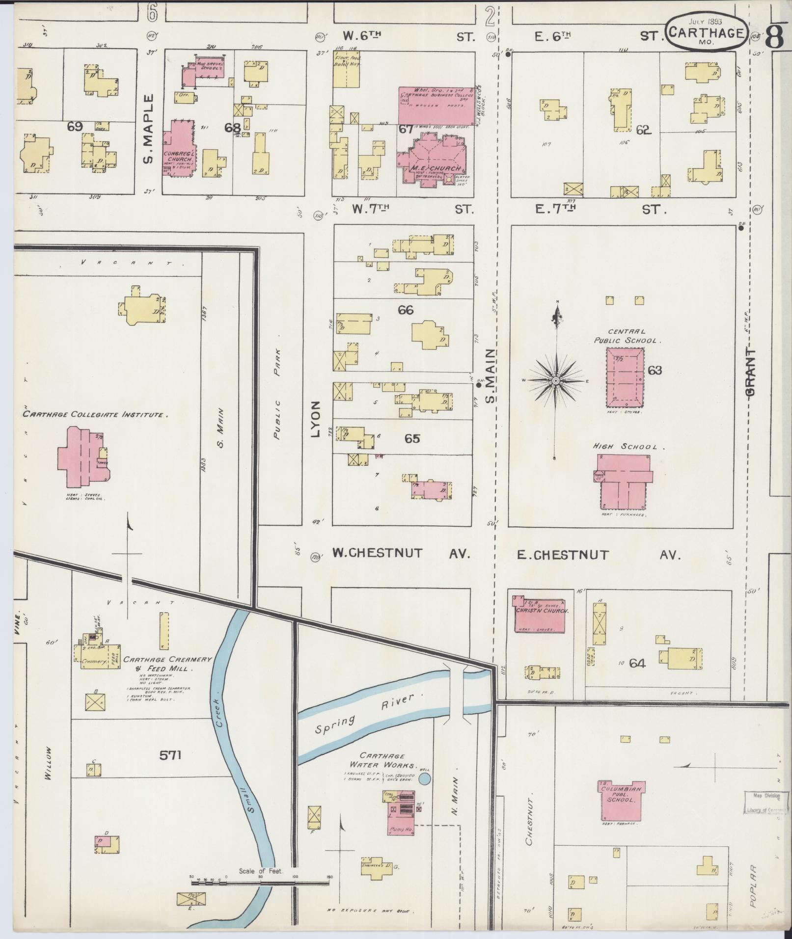 Sanborn Fire Insurance Map from Carthage, Jasper County, Missouri (1893), Sheet #0008 - Historic Sanborn Fire Insurance Map Print, vintage old map wall art, antique decor, genealogy gift, Missouri Missouri map