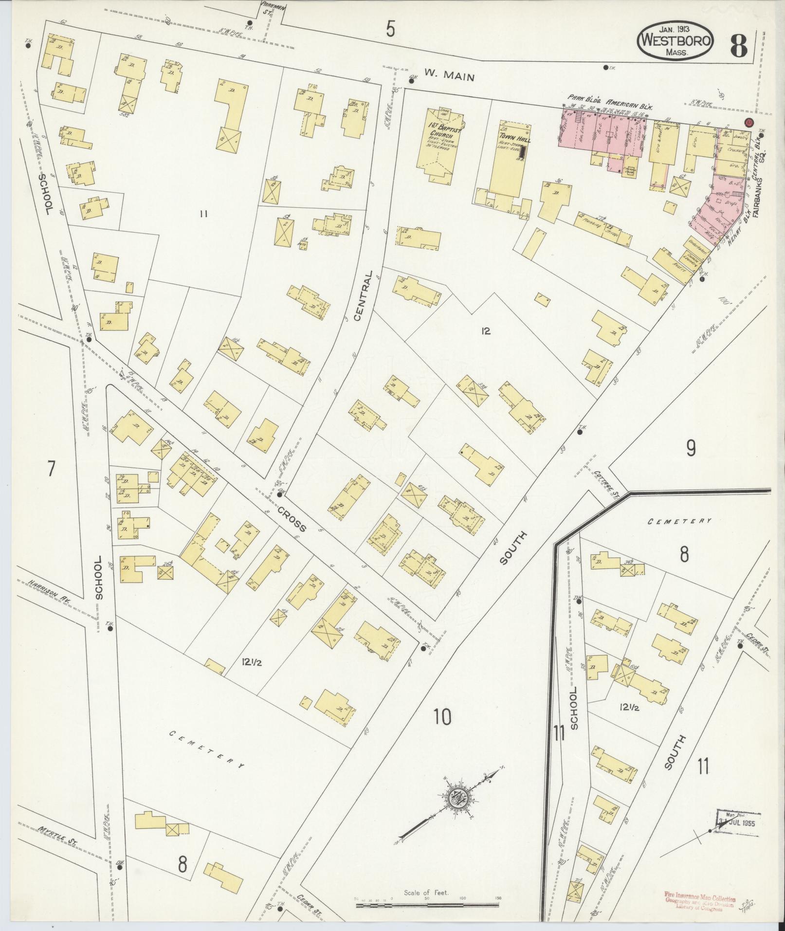 Sanborn Fire Insurance Map from Westboro, Worcester County, Massachusetts (1913), Sheet #0008 - Complete Map Set gallery image, historic Sanborn map, vintage wall art, Massachusetts Massachusetts