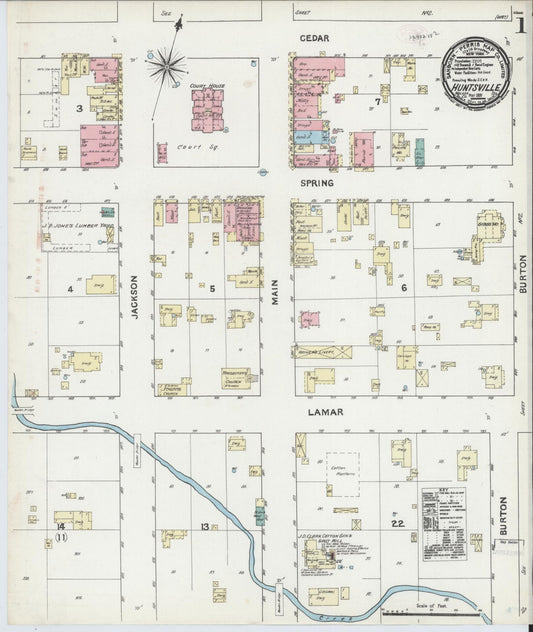 Sanborn Fire Insurance Map from Huntsville, Walker County, Texas (1891), Sheet #0001 - Historic Sanborn Fire Insurance Map Print, vintage old map wall art, antique decor, genealogy gift, Texas Texas map