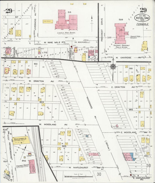 Sanborn Fire Insurance Map from Royal Oak, Oakland County, Michigan (1926), Sheet #0029 - Historic Sanborn Fire Insurance Map Print, vintage old map wall art, antique decor, genealogy gift, Michigan Michigan map