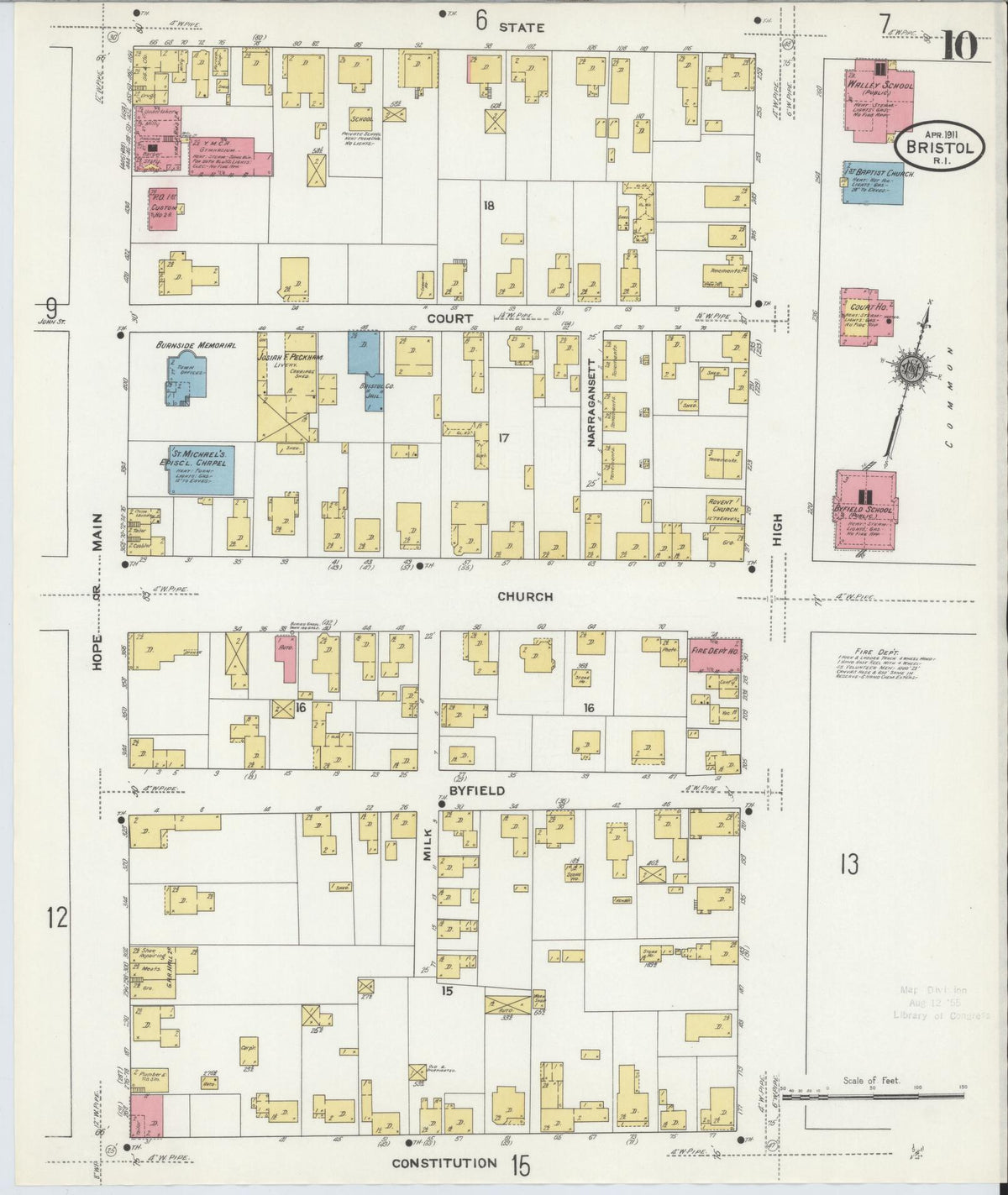 Sanborn Fire Insurance Map from Bristol, Bristol County, Rhode Island (1911), Sheet #0010 - Historic Sanborn Fire Insurance Map Print, vintage old map wall art, antique decor, genealogy gift, Rhode Island Rhode Island map