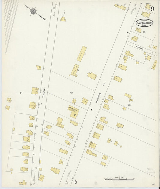 Sanborn Fire Insurance Map from East Hartford, Hartford County, Connecticut (1913), Sheet #0009 - Historic Sanborn Fire Insurance Map Print, vintage old map wall art, antique decor, genealogy gift, Connecticut Connecticut map