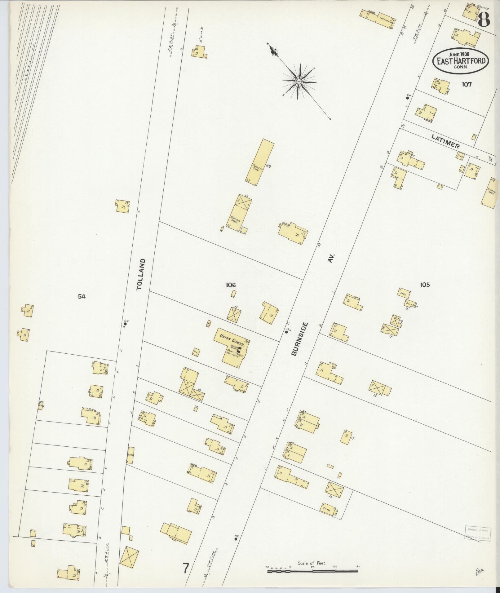 Sanborn Fire Insurance Map from East Hartford, Hartford County, Connecticut (1908), Sheet #0008 - Historic Sanborn Fire Insurance Map Print, vintage old map wall art, antique decor, genealogy gift, Connecticut Connecticut map