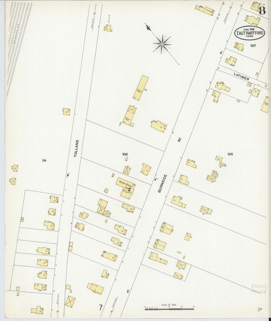 Sanborn Fire Insurance Map from East Hartford, Hartford County, Connecticut (1908), Sheet #0008 - Historic Sanborn Fire Insurance Map Print, vintage old map wall art, antique decor, genealogy gift, Connecticut Connecticut map