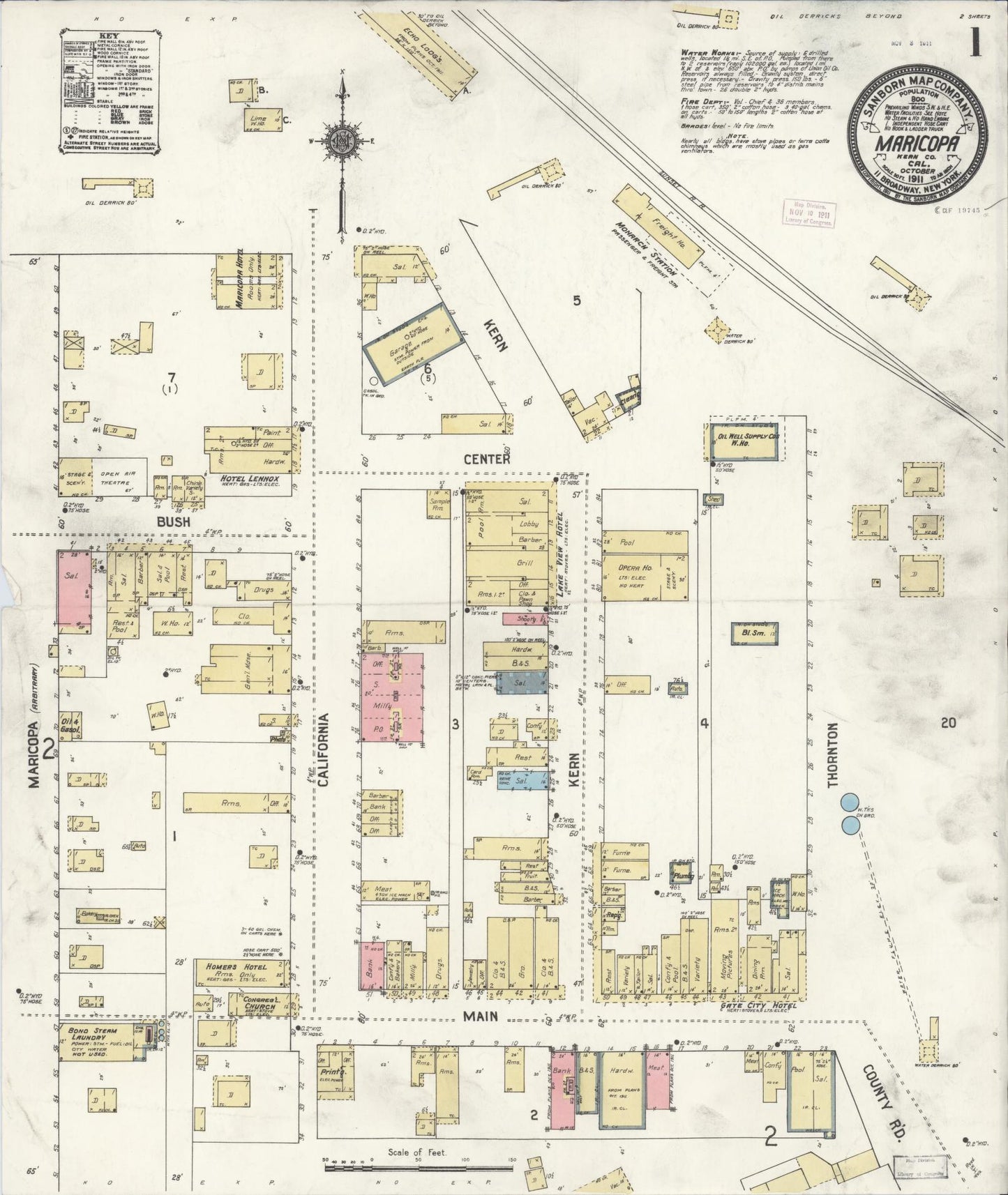 Sanborn Fire Insurance Map from Maricopa, Kern County, California (1911), Sheet #0001 - Complete Map Set gallery image, historic Sanborn map, vintage wall art, California California